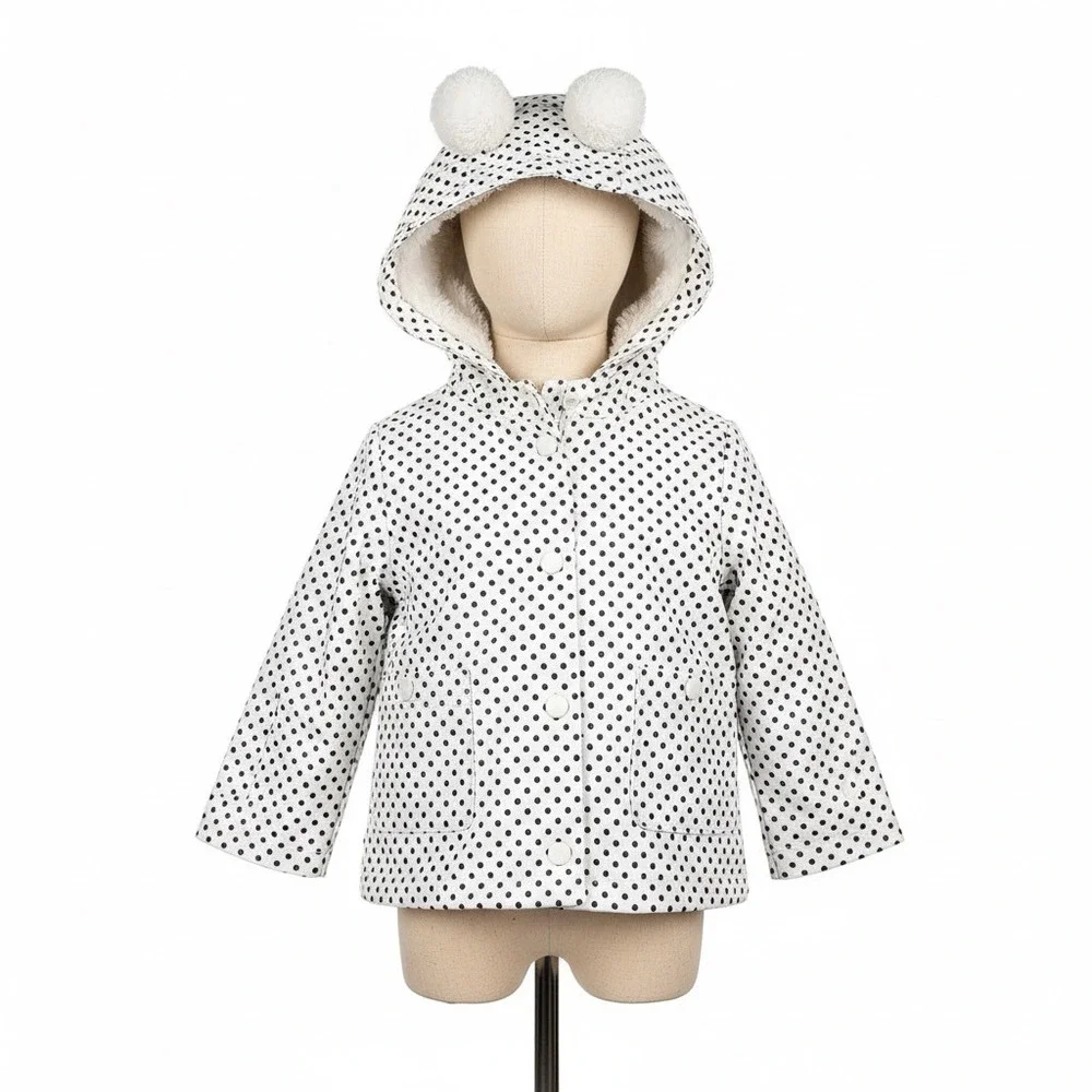 C&C California‎ Kids Rain Jacket 12M White Black Polka Dot Pompom Hooded Coat